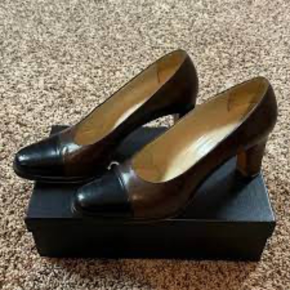 CHANEL Two-Tone Brown and Black Leather Cap-Toe Pumps - Picture 7 of 7